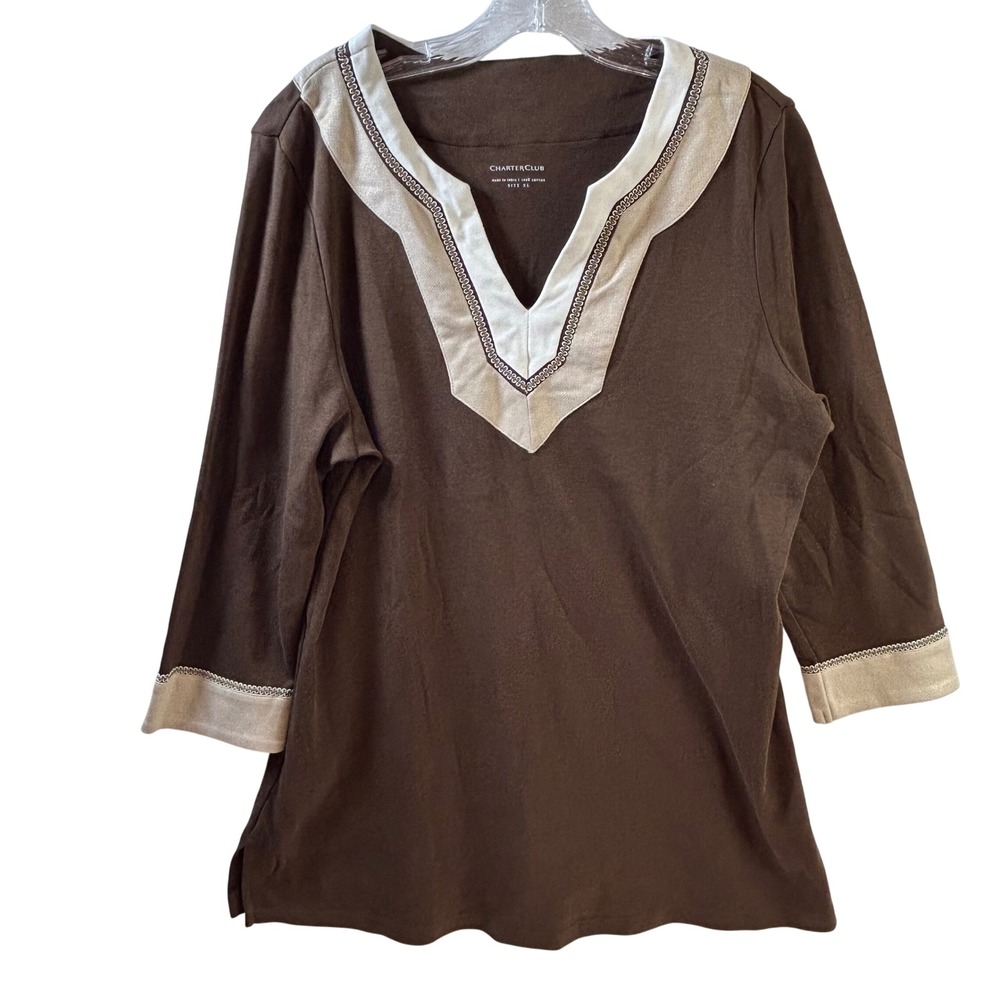 Charter Club Brown Cotton 3/4 Sleeve V-Neck Top with Contrast Trim Size XL